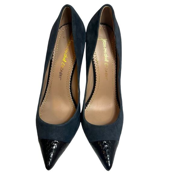 JEAN MICHEL CAZABAT Eris Black Suede Lizard Pointed Cap Toe Pump Heels Sz 40 - Picture 1 of 5